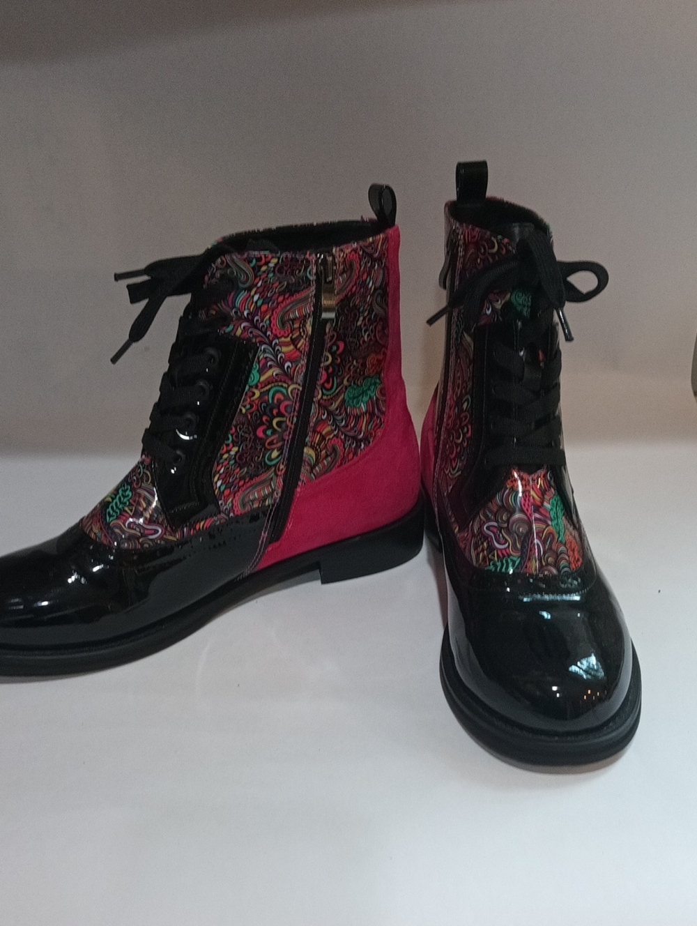 Ninety Union Chelsea Bootie, Black Patent, Pink Suede & Pink/Teal Paisley Sz 10